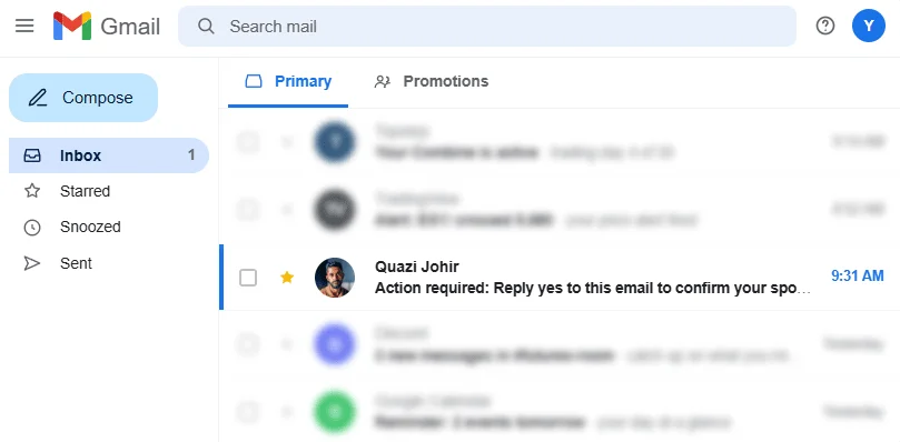 Email from Quazi Johir in the inbox